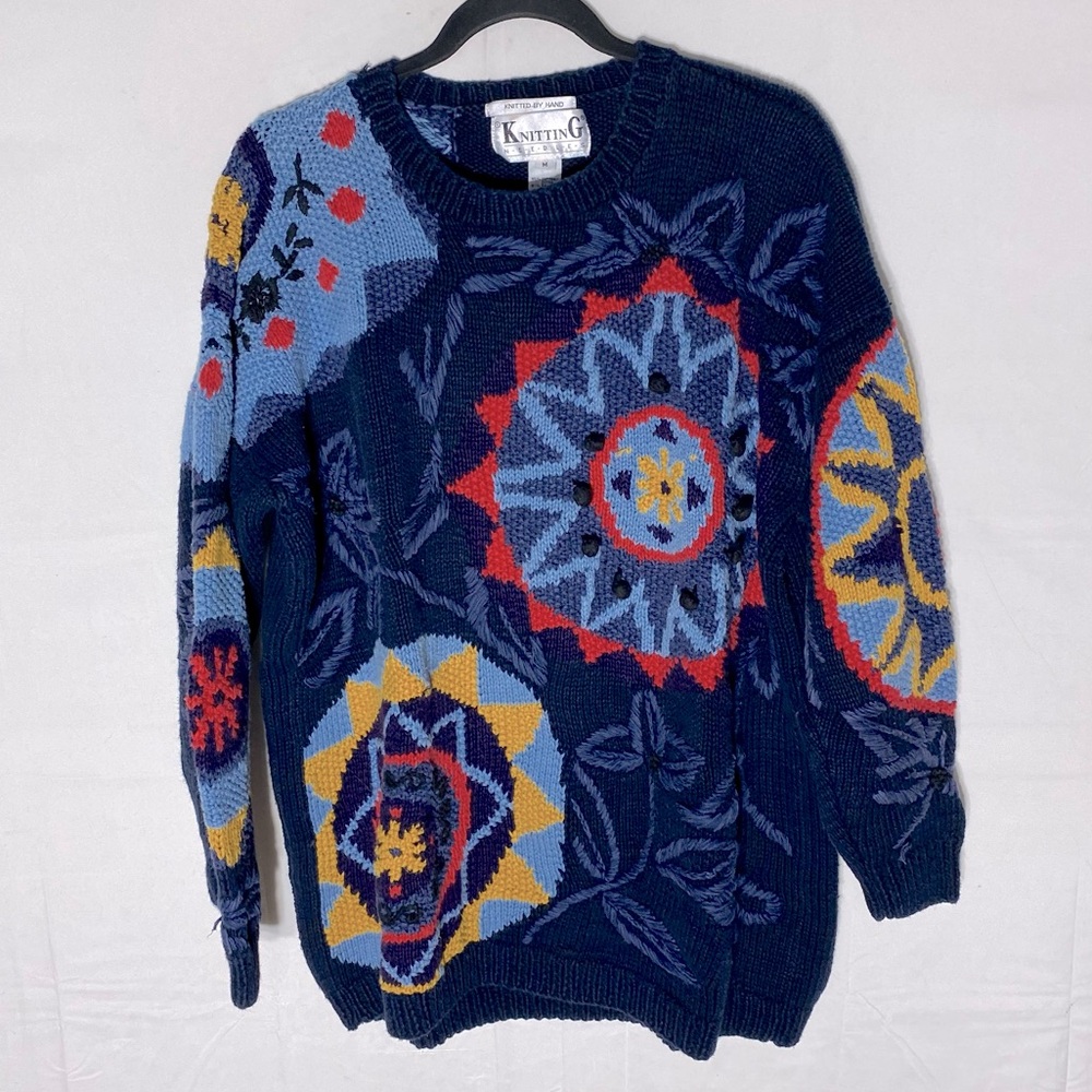 Vintage Knitting Needles Knitted By Hand Blue Yellow Red Chunky Sweater M
